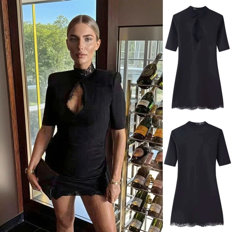 Damen Sexy Schwarz Figurbetontes Minikleid Spitze Patchwork Hollow Out Kurzarm Revers Elegant Sommer Party Clubwear Kleid