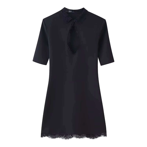 Damen Sexy Schwarz Figurbetontes Minikleid Spitze Patchwork Hollow Out Kurzarm Revers Elegant Sommer Party Clubwear Kleid