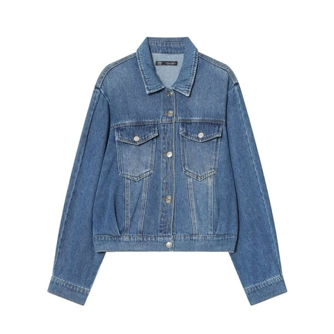 Veste en Jean Bleu Délavé Décontractée pour Femme Coupe Ample Mélange de Coton Manches Longues Col Rabattu Boutonné Avec Poches