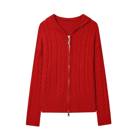 Damen Casual Zopfmuster Strickjacke Mit Kapuze Reißverschluss Langarm Pullover Strickjacke Gerippter Saum Einfarbig Oberbekleidung