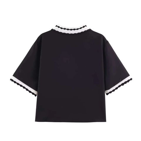 Top de Punto Polo Elegante para Mujer con Borde Ondulado Casual Botones Manga Corta Cuello Contraste Camisa Negra Parches