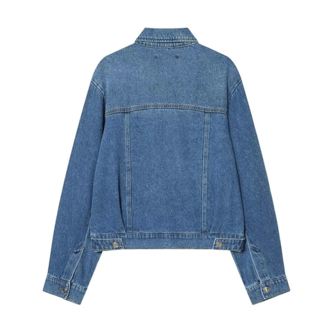 Veste en Jean Bleu Délavé Décontractée pour Femme Coupe Ample Mélange de Coton Manches Longues Col Rabattu Boutonné Avec Poches
