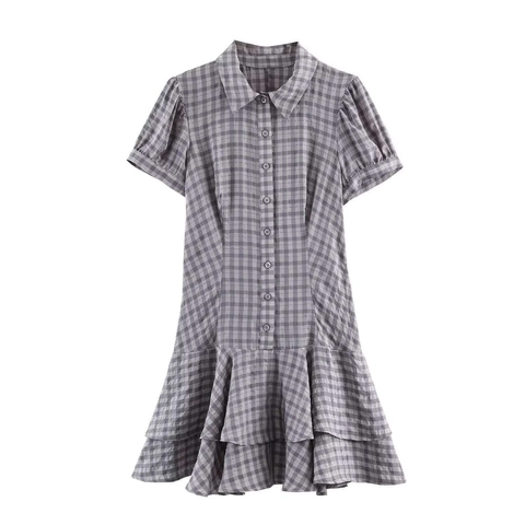 Robe Courte à Carreaux Élégante pour Femme Manches Bouffantes Courtes Col à Revers Ourlet à Volants Robe Chemisier Été