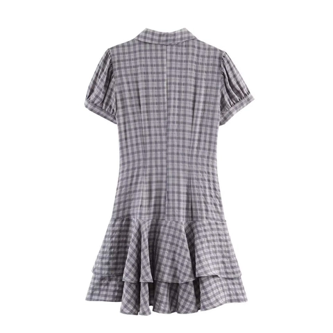 Robe Courte à Carreaux Élégante pour Femme Manches Bouffantes Courtes Col à Revers Ourlet à Volants Robe Chemisier Été