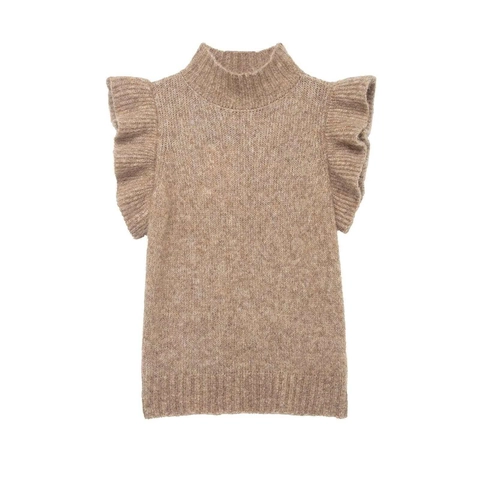 Chaleco de Punto para Mujer Cuello Alto Manga con Volantes Camiseta sin Mangas Elegante Color Sólido Ajustado Top de Punto