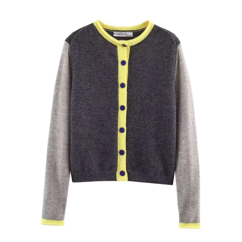 Damen Farbblock Strickjacke Rundhals Langarm Strickpullover Einreihig Lässig Knopfleiste Top
