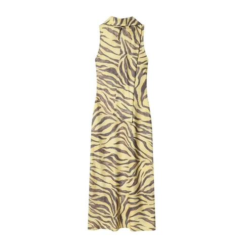 Damen Elegant Zebramuster Ärmellos Schalkragen Hoher Kragen Slim Fit Maxi Kleid Sommer Mode Bodycon Langes Kleid