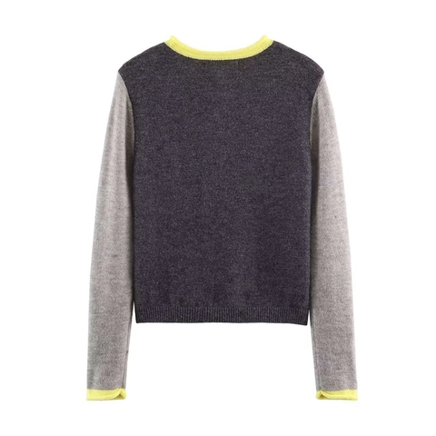 Damen Farbblock Strickjacke Rundhals Langarm Strickpullover Einreihig Lässig Knopfleiste Top