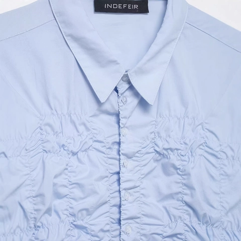 Camisa de Mujer a la Moda Azul Claro Manga Larga Fruncida Mezcla de Poliéster Nido de Abeja Blusa con Botones con Dobladillo de Volantes Top de Oficina Casual