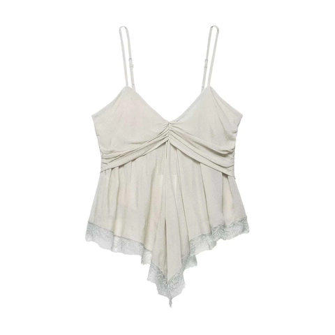 Women Sexy V Neck Ruched Camisole Lace Patchwork Asymmetrical Hem Adjustable Tie Straps Slim Summer Sleeveless Tank Top