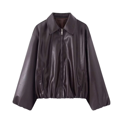 Giacca da Donna in Ecopelle con Texture Opaca Bomber Largo con Revers Casual Cerniera Manica Lunga Cappotto Autunno Inverno