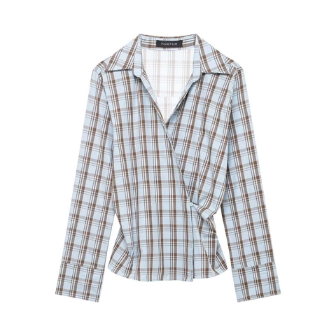 Women Casual Plaid Wrap Shirt Long Sleeve Lapel Collared V Neck Blouse Light Blue Brown Checked Slim Fit Patchwork Top