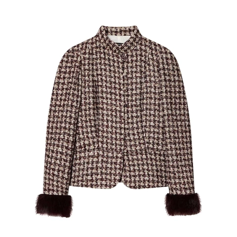 Women's Vintage Houndstooth Tweed Jacket With Elegant Faux Fur Cuffs Single Breasted Stand Collar Slim Fit Blazer Coat