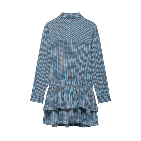 Damen Retro Karriert Langarm Hemdkleid Mit Gürtel Gestufter Rüschensaum Knöpfe Lässig Elegant Mini Kleid
