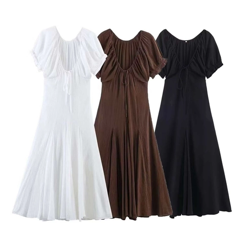 Damen Elegant V-Ausschnitt Puffärmel Midi Kleid Rückenfrei Bindedetails Plissee Textur A-Linie Urlaubs Kleid