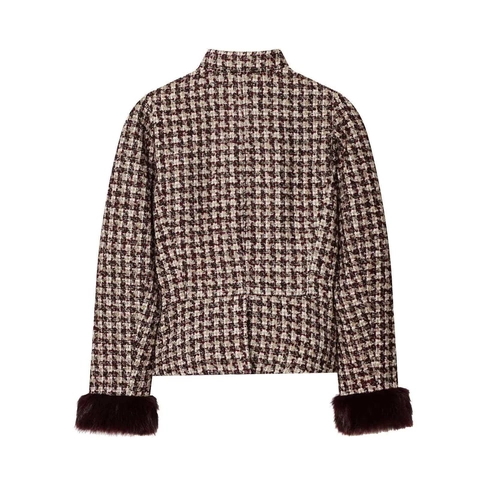 Women's Vintage Houndstooth Tweed Jacket With Elegant Faux Fur Cuffs Single Breasted Stand Collar Slim Fit Blazer Coat