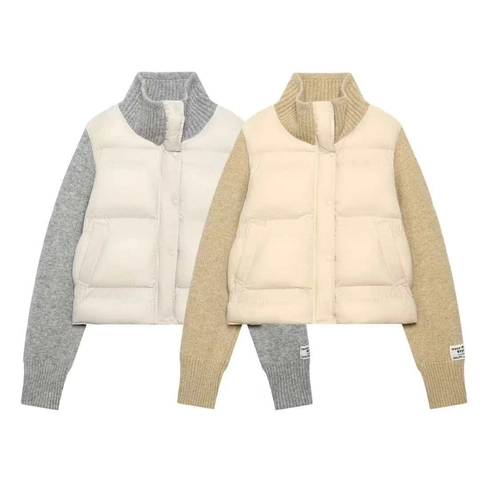 Giacca Trapuntata da Donna con Cuciture in Maglia Collo Alto Colorblock Caldo Cappotto Invernale Casual Manica Lunga Imbottito