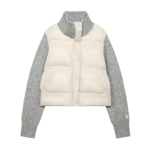 Giacca Trapuntata da Donna con Cuciture in Maglia Collo Alto Colorblock Caldo Cappotto Invernale Casual Manica Lunga Imbottito