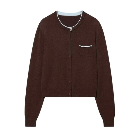 Damen Casual Strickjacke Rundhals Einreihiger Pullover Mit Kontrastbesatz Tasche Einfarbig Langarm Oberbekleidung