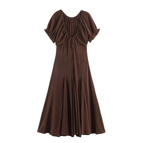 Damen Elegant V-Ausschnitt Puffärmel Midi Kleid Rückenfrei Bindedetails Plissee Textur A-Linie Urlaubs Kleid