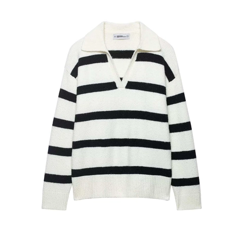 Pull en Tricot Élégant à Col en V Rayé Noir Et Blanc Pour Femmes Manches Longues Pull à Revers Hauts Décontractés