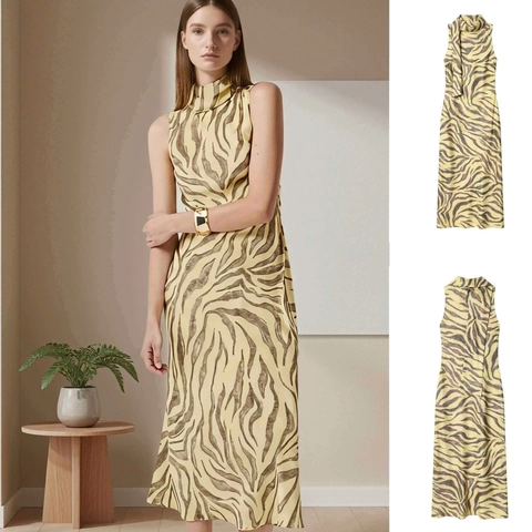 Damen Elegant Zebramuster Ärmellos Schalkragen Hoher Kragen Slim Fit Maxi Kleid Sommer Mode Bodycon Langes Kleid