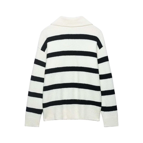 Pull en Tricot Élégant à Col en V Rayé Noir Et Blanc Pour Femmes Manches Longues Pull à Revers Hauts Décontractés