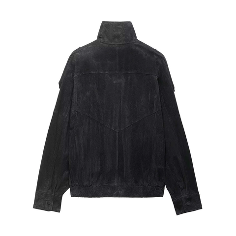 Women's Retro Faux Suede Biker Jacket Loose Stand Collar Zip Up Short Coat With Epaulettes Solid Color Casual Outwear