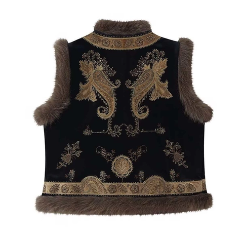 Gilet En Velours Pour Femmes Avec Bordure En Fausse Fourrure Broderie Perlée Paisley Ethnique Vintage Sans Manches