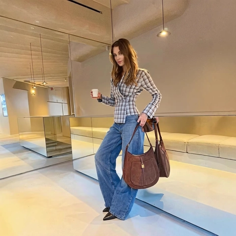 Women Casual Plaid Wrap Shirt Long Sleeve Lapel Collared V Neck Blouse Light Blue Brown Checked Slim Fit Patchwork Top