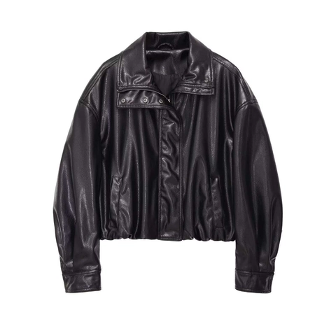 Veste Courte en Similicuir Décontractée pour Femmes Coupe Ample Revers Fermeture Éclair Moto Biker Style Punk Noir Manteau Manches Longues