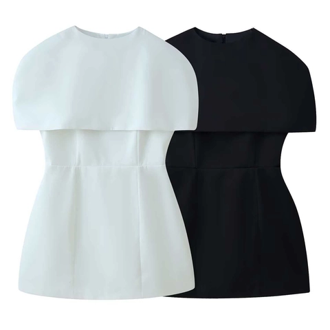 Vestido Corto Ajustado con Capa Elegante para Mujer Minimalista Cuello Redondo Sin Mangas Color Sólido para Fiesta Banquete