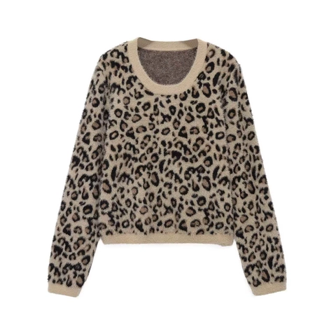 Damen Casual Leopardenmuster Pullover Kunstfell Textur Rundhals Langarm Strickpullover Herbst Winter Warme Oberteil