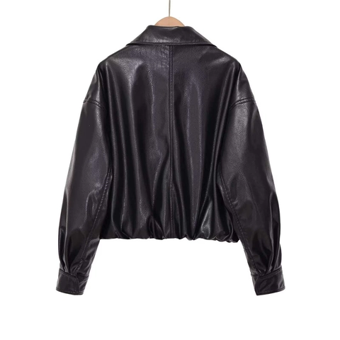 Veste Courte en Similicuir Décontractée pour Femmes Coupe Ample Revers Fermeture Éclair Moto Biker Style Punk Noir Manteau Manches Longues
