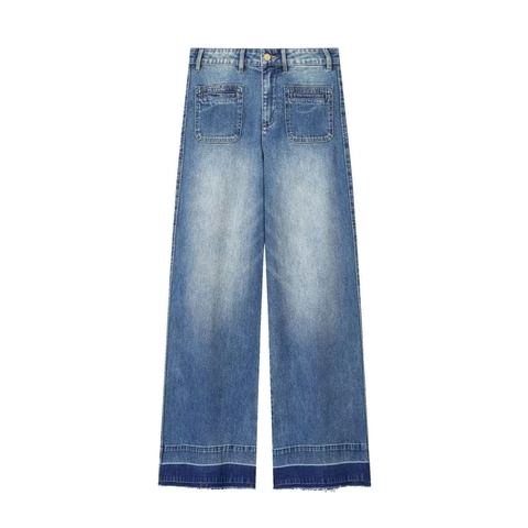 Vaqueros Vintage De Cintura Alta Para Mujer Pata Ancha Azul Lavado Contraste De Color Pantalones Denim Con Dobladillo Deshilachado