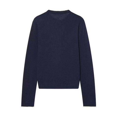 Women Elegant Knitted Cardigan With White Lace Trim Crew Neck Long Sleeve Button Up Sweater Top For Daily Office Commute