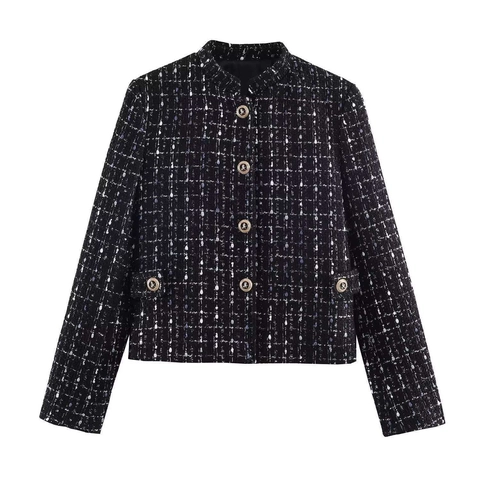 Women Vintage Tweed Jacket Round Neck Office Lady Outerwear With Gold Lion Buttons Metallic Thread Texture Elegant Blazer Coat