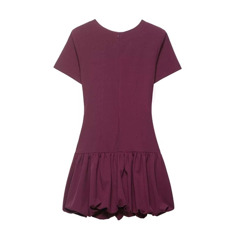 Elegantes Weinrot Bubble Saum Midi Kleid Für Damen Taille Raffung Kurzarm Rundhals Polyester Casual Sommer Mode Kleid