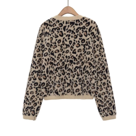 Damen Casual Leopardenmuster Pullover Kunstfell Textur Rundhals Langarm Strickpullover Herbst Winter Warme Oberteil