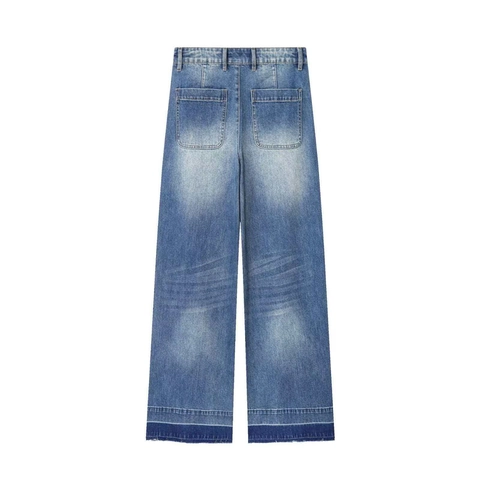 Vaqueros Vintage De Cintura Alta Para Mujer Pata Ancha Azul Lavado Contraste De Color Pantalones Denim Con Dobladillo Deshilachado