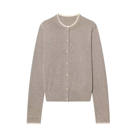 Women's Elegant Lace Patchwork Knit Cardigan Round Neck Single Breasted Long Sleeve Solid Color Soft Sweater Top