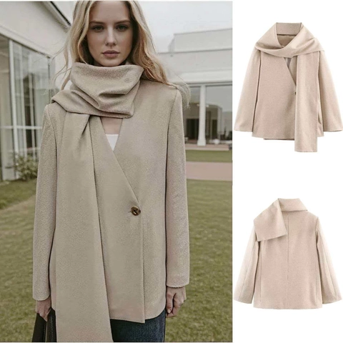 Women's Elegant Scarf Collar Blazer Jacket Solid Color Asymmetric One Button Loose Fit Commuter Outerwear Oatmeal