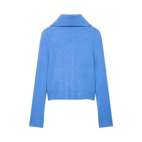Cardigan en Maille Décontracté pour Femmes Bleu Clair Col Polo Zippé Pull à Manches Longues Couleur Unie Tricot Côtelé Automne