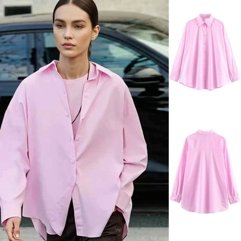 Chemise Femme Décontractée Oversize Manches Longues Boutonnée en Popeline Col Rabattu Coupe Ample Couleur Unie Rose Haut