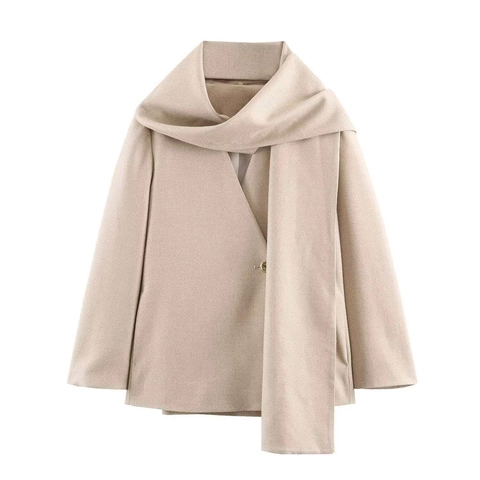 Women's Elegant Scarf Collar Blazer Jacket Solid Color Asymmetric One Button Loose Fit Commuter Outerwear Oatmeal