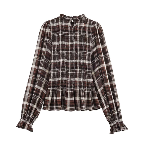 Women Vintage Smocked Ruffle Stand Collar Plaid Striped Long Sleeve Blouse Peplum Hem Elegant Slim Fit Pullover Top