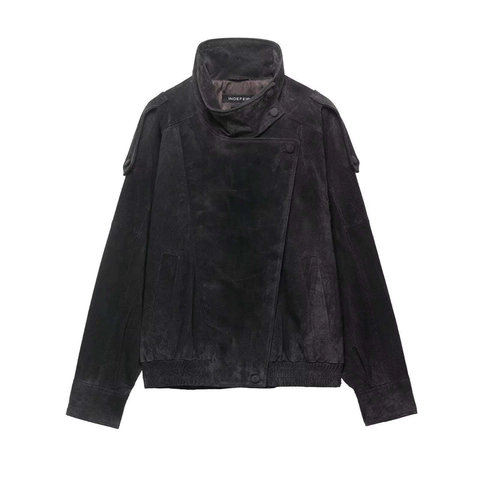 Women's Retro Faux Suede Biker Jacket Loose Stand Collar Zip Up Short Coat With Epaulettes Solid Color Casual Outwear