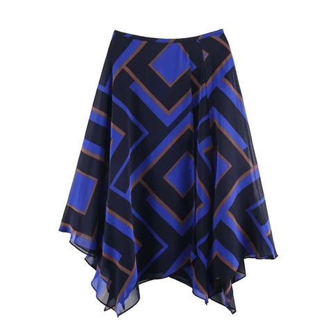 Vintage Geometrischer Druck Asymmetrischer Midirock Für Damen Hohe Taille Chiffon Taschentuch Saum Eleganter Sommerrock