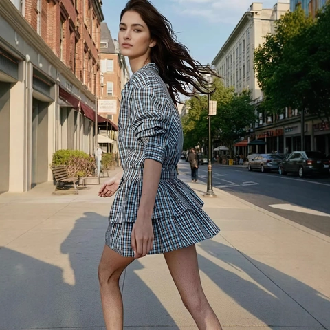 Damen Retro Karriert Langarm Hemdkleid Mit Gürtel Gestufter Rüschensaum Knöpfe Lässig Elegant Mini Kleid