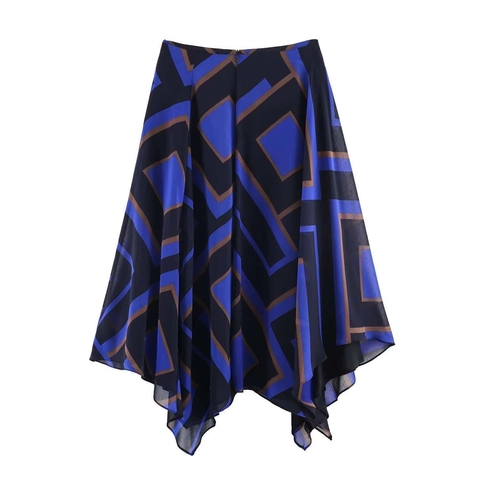 Vintage Geometrischer Druck Asymmetrischer Midirock Für Damen Hohe Taille Chiffon Taschentuch Saum Eleganter Sommerrock